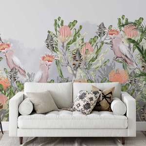 Bankisa Grevillea Cockatoo Wallpaper Mural • Native Australian Flora Wall Mural •  Hand Drawn Floral Bird Illustration • Custom Made Sizes