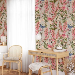 Taupe Blüten & Bramble Floral Tapete • Vintage Aquarell Floral Botanisches Wandbild • Öko-Kleben die Wand oder Schälen und Kleben Tapete