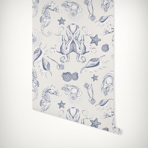 Ocean Life Seahorse, Kraken, Shell • Seaside Marine Underwater • Blue and Grey Luxury Eco Paste the Wall or Peel & Stick Wallpaper