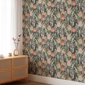 Australische einheimische Flora, Banksia, Grevillea-Tapete • Botanische Blumendekor-Wand Luxus Eco Paste-the-Wall oder Peel & Stick-Tapete