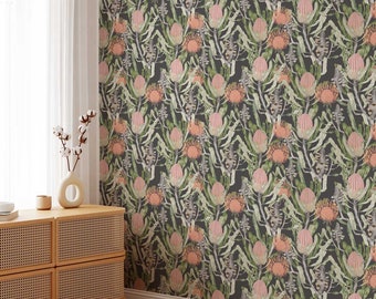 Australian Native Flora, Banksia, Grevillea Wallpaper • Botanical Floral Feature Wall Luxury Eco Paste-the-Wall or Peel & Stick Wallpaper