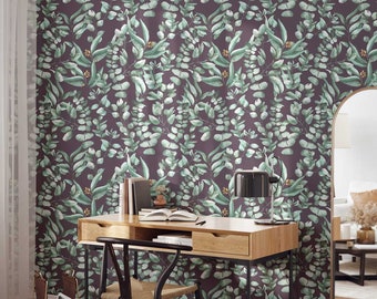 Eucalyptus Leaf Foliage Dark Aubergine Wallpaper • Forest Watercolor Botanical Leaf Mural • Luxury Paste-the-Wall or Peel & Stick Wallpaper