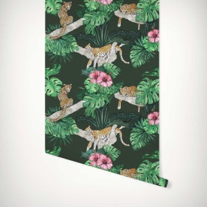 Leopard Jungle Wallpaper Dark Green Watercolour Tropical Jungle Leaves Mural Big Cat Sleeping Paste-the-Wall or Peel & Stick Wallpaper image 2