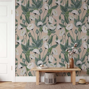Mohnblumen-Tapete • Mohnblumen Floraler Luxus Botanischer Eco-Printed-Wandpapier • Geblümtes Wandbild Illustrierte Feature-Wand
