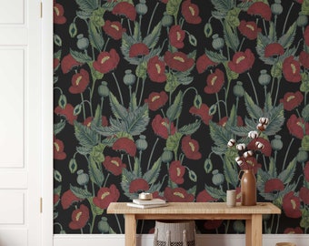 Red Poppy Wallpaper • Opium Poppies Floral Botanical Wildflower Floral • Luxury Eco Paste-the-Wall or Peel & Stick Wallpaper