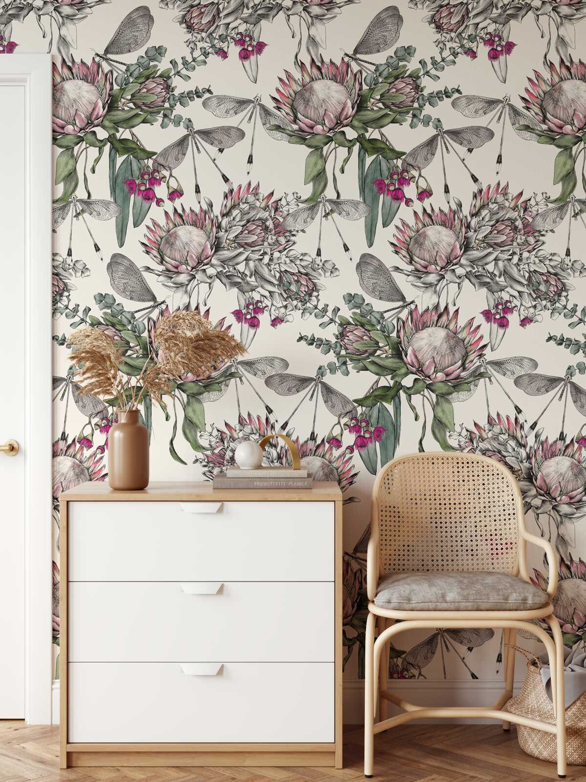 Protea Eucalyptus & Dragonfly Wallpaper Luxury Botanical - Etsy