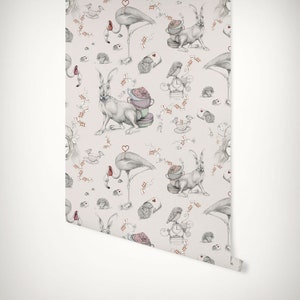 Alice in Wonderland Wallpaper • Pink Flamingo, Rabbit, Looking Glass, Queen of Hearts • Luxury Eco Paste-the-Wall or Peel & Stick Wallpaper