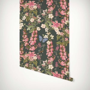 Dark Green Blossom & Bramble Floral Wallpaper • Vintage Watercolour Floral Botanical • Luxury Eco Paste the Wall or Peel and Stick Wallpaper