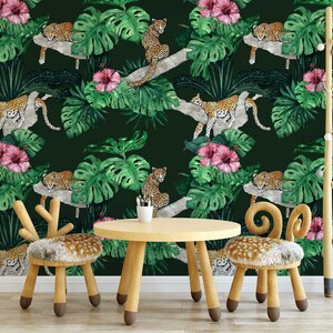 Leopard Jungle Wallpaper Dark Green Watercolour Tropical Jungle Leaves Mural Big Cat Sleeping Paste-the-Wall or Peel & Stick Wallpaper image 3