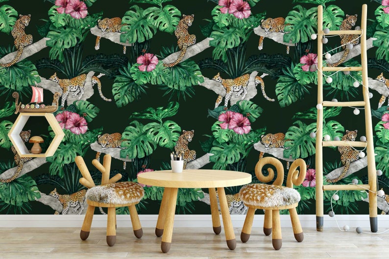 Leopard Jungle Wallpaper Dark Green Watercolour Tropical Jungle Leaves Mural Big Cat Sleeping Paste-the-Wall or Peel & Stick Wallpaper image 3