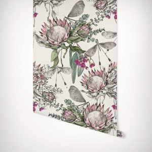 Protea, Eucalyptus & Dragonfly Floral Wallpaper • Native Flower Mural Feature Wall • Luxury Eco Paste the Wall or Peel and Stick Wallpaper