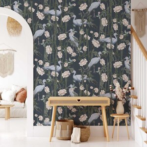 Blauer Kran Chinoiserie Tapete • Orientalischer Bambuswald Blumenwandbild • Luxus-Öko-Paste-the-Wall oder Schälen & Aufkleben Tapete