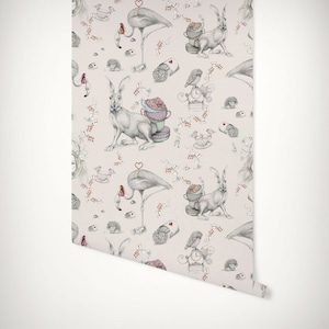 Alice in Wonderland Wallpaper • Mad Hatter March Hare Flamingo Croquet Queen of Hearts • Luxury Eco Paste-the-Wall or Peel & Stick Wallpaper
