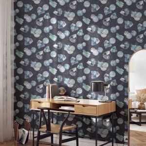 Indigo Blau Aquarell Nachthimmel Wandbild • Kosmos Kristall Geode Galaxy Wandbild • Luxus Eco Paste-the-Wall oder Peel & Stick Tapete