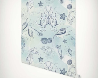 Papier peint bord de mer : décoration murale aquarelle vie marine