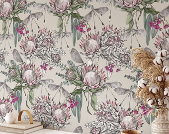 Taupe Protea, Eucalyptus & Dragonfly Wallpaper • Native Floral Mural Feature Wall • Luxury Eco Paste the Wall or Peel and Stick Wallpaper