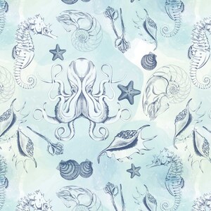 Puede incluir: Un patr&oacute;n sin costuras con un fondo de acuarela azul y blanco con ilustraciones de criaturas marinas, incluyendo un pulpo, caballitos de mar, estrellas de mar y conchas.