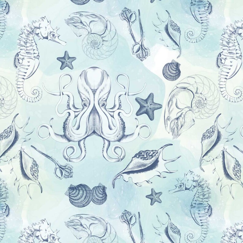 Puede incluir: Un patr&oacute;n sin costuras con un fondo de acuarela azul y blanco con ilustraciones de criaturas marinas, incluyendo un pulpo, caballitos de mar, estrellas de mar y conchas.