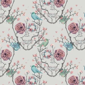 May include: A seamless pattern featuring a watercolour illustration of a skull made of branches, flowers, butterflies, and birds. The skull is surrounded by pink roses, blue and green birds, and butterflies. The background is a light grey.