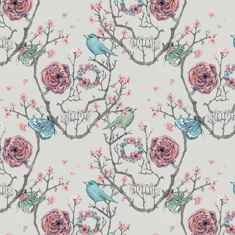 May include: A seamless pattern featuring a watercolour illustration of a skull made of branches, flowers, butterflies, and birds. The skull is surrounded by pink roses, blue and green birds, and butterflies. The background is a light grey.