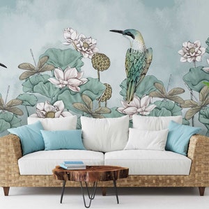 Lotus Blossom Kingfisher Wallpaper Mural • Exotic Floral Lily Pad Waterlily Wall Mural •  Hand Drawn Floral Illustration • Custom Made Sizes
