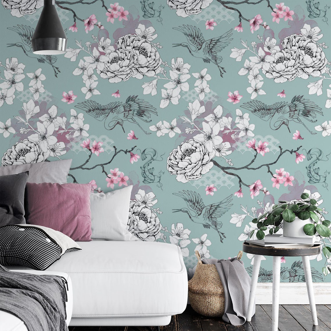 Floral Chinoiserie Wallpaper Duck Egg Oriental Botanical Etsy