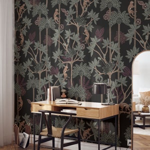 Tapete Urwald • Schwarz Grün Rosa Vintage Tropische Palme Tamarinde Lemur Gibbon • Paste-the-Wall oder Peel & Stick Tapete