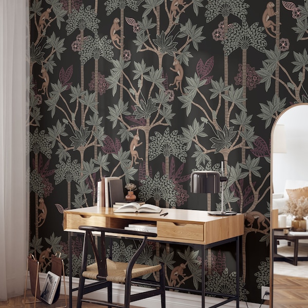 Monkey Jungle Forest Wallpaper • Black Green Pink Vintage Tropical Palm Tamarind Lemur Gibbon • Paste-the-Wall or Peel & Stick Wallpaper