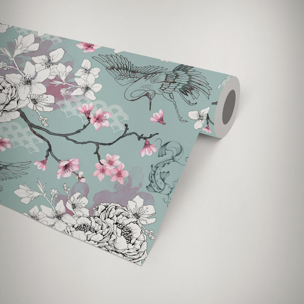 Floral Chinoiserie Wallpaper Duck Egg Oriental Botanical Etsy UK