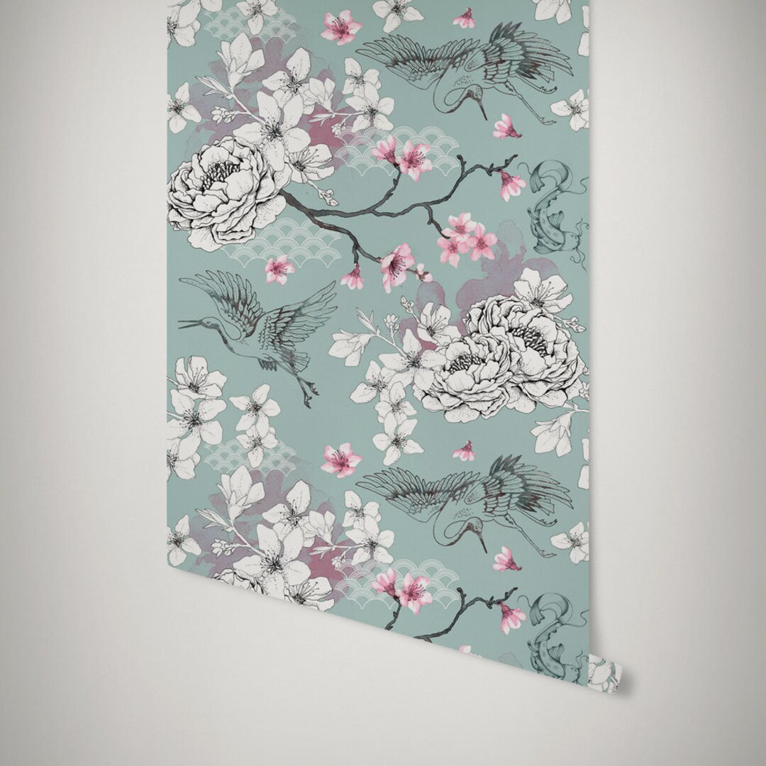 Floral Chinoiserie Wallpaper Duck Egg Oriental Botanical Etsy