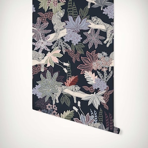 Leopard&#39;s Lair Wallpaper • Maximalist Tropical Animal Jungle Leaves Wall Mural • Dark Interiors • Paste-the-Wall or Peel & Stick Wallpaper