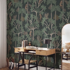 Tapete Dschungelwald • Dunkelgrüne Vintage Tropische Palme Tamarinde Lemur Gibbon Luxus Paste-the-Wall oder Peel & Stick Tapete