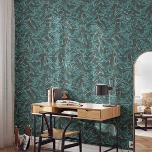 Dunkle Teal Tropische Blätter Laubtapete • Palme, Orchidee, Dschungel Botanisches Blatt Wandbild • Luxus Paste-the-Wall oder Peel & Stick Tapete