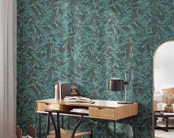 Dark Teal Tropical Leaves Foliage Wallpaper • Palm, Orchid, Jungle Botanical Leaf Mural • Luxury Paste-the-Wall or Peel & Stick Wallpaper