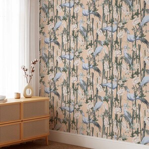 Rosa Chinoiserie-Bambus-Waldblaue Kranich-Tapete • Wandgemälde mit orientalischem Blumenmuster • Öko-gedrucktes Papier zum Aufkleben, einfache Installation!