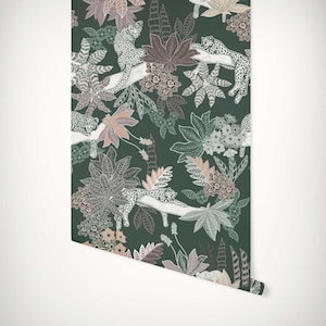 Leopard&#39;s Lair Dark Green Wallpaper • Maximalist Tropical Animal Jungle Leaves Wall Mural • Paste-the-Wall or Peel & Stick Wallpaper