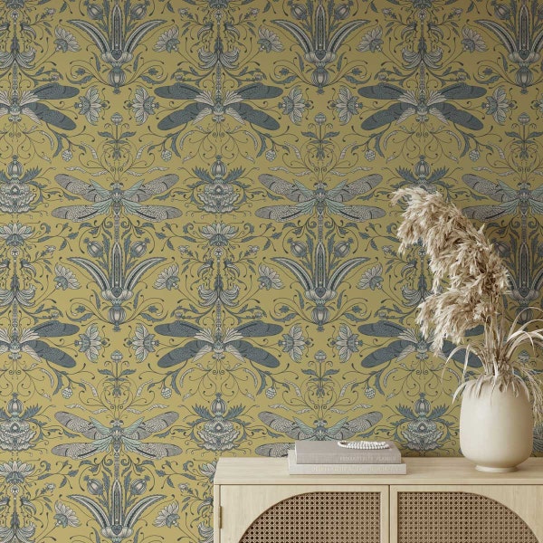 Nouveau Dragonfly Damask Wallpaper • Rococco Mustard Yellow Chartreuse Maximalist Art Nouveau • Paste-the-Wall or Peel and Stick Wallpaper