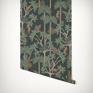 Monkey Jungle Forest Wallpaper • Dark Green Vintage Tropical Palm Tree Tamarind Lemur Gibbon Luxury Paste-the-Wall or Peel & Stick Wallpaper