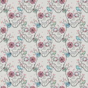 May include: A seamless pattern featuring a skull design made of delicate branches and pink roses. The skull is surrounded by small birds and butterflies, creating a whimsical and ethereal aesthetic.