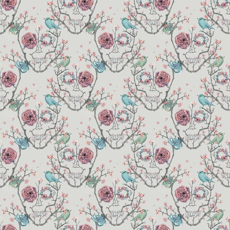 May include: A seamless pattern featuring a skull design made of delicate branches and pink roses. The skull is surrounded by small birds and butterflies, creating a whimsical and ethereal aesthetic.