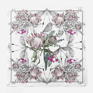 Protea Eucalyptus Dragonfly Silk Scarf: Australian Flora Art
