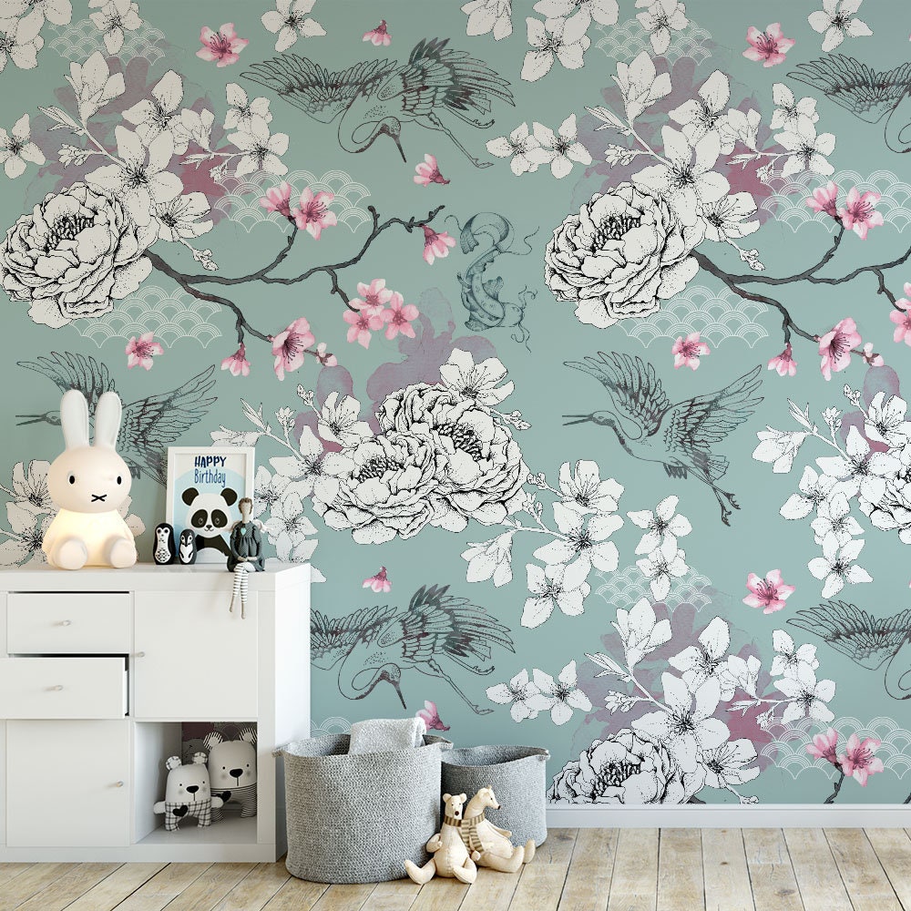 Floral Chinoiserie Wallpaper Duck Egg Oriental Botanical Etsy