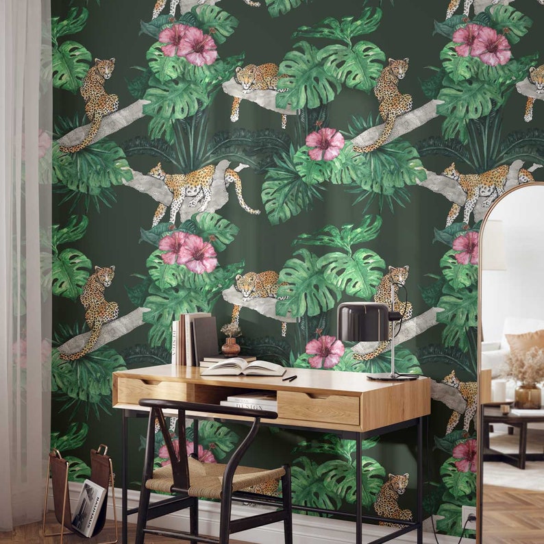 Leopard Jungle Wallpaper Dark Green Watercolour Tropical Jungle Leaves Mural Big Cat Sleeping Paste-the-Wall or Peel & Stick Wallpaper image 1