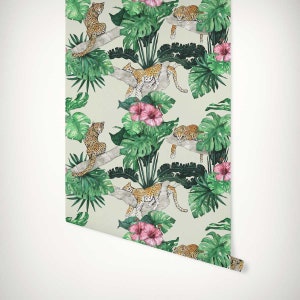 Leopard Jungle Wallpaper • Green & White Watercolour Tropical Jungle Leaves Mural • Luxury Eco Paste-the-Wall or Peel and Stick Wallpaper