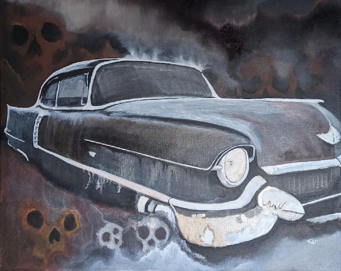 Featured listing image: "Abandoned 55 Cadillac, Fleetwood" Oil on repurposed/imperfect stretched canvas, 24 x 18"
