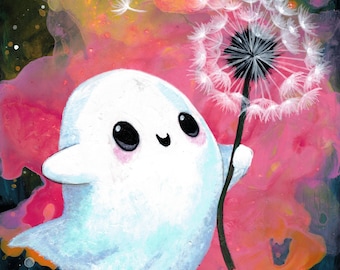 Archival Print, 8 x 10" Ghost, Dandelion, Space, Pink, Cute
