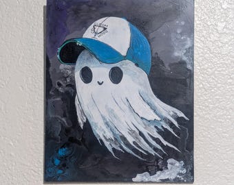 Upcycled Acrylic Painting, Ghost, Baseball Cap, Space, Cute