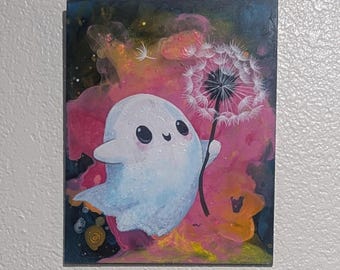 Upcycled Acrylic Painting, Ghost, Dandelion, Space, Pink, Cute