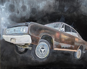 "Abandoned, 67 Dodge Charger, Fastback B-body"  Oil on canvas panel, 20 x 16"