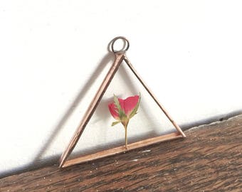 Glass pressed flower frame - Triangle - Red rose bud - Wall hanging